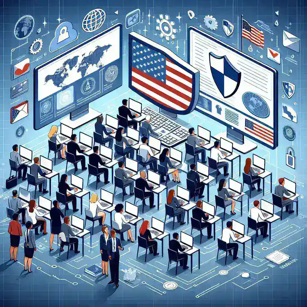 "Ilustrasi pelatihan keamanan siber untuk ASN: peserta mendengarkan presentasi tentang program nasional yang diinisiasi oleh Kominfo, meningkatkan pengetahuan dan keterampilan dalam keamanan siber."