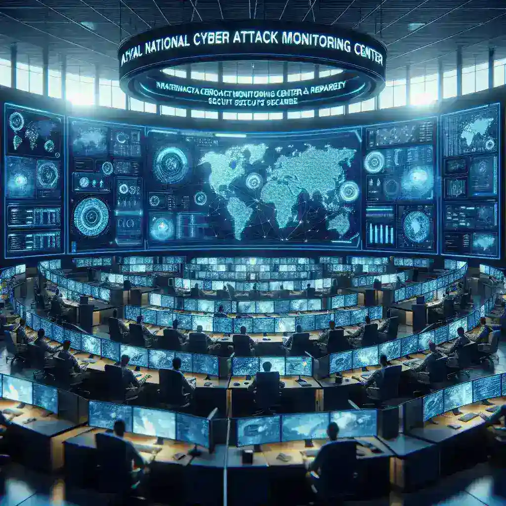 "Infographic showcasing the National Cyber Attack Monitoring Center prepared by Kominfo, highlighting key features and functions for enhanced cybersecurity in Indonesia."