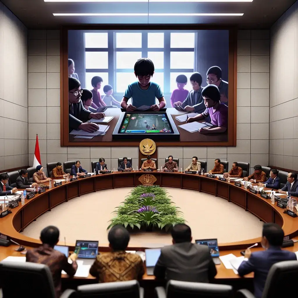 "Anggota DPR mendiskusikan regulasi ketat untuk platform gim daring demi perlindungan anak dalam sebuah rapat resmi, dengan dokumen dan perangkat digital di meja."